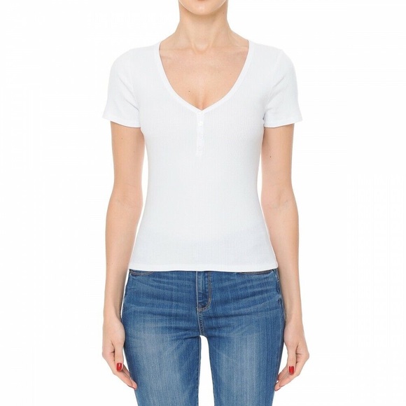 Nordstrom Halogen Short Cap Sleeve White Henley Ribbed V-Neck Cotton Tee - Picture 1 of 9